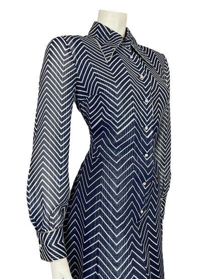 VTG 70S NAVY BLUE WHITE SPARKLE STRIPE DAGGER COLLAR PARTY SHIRT DRESS 12