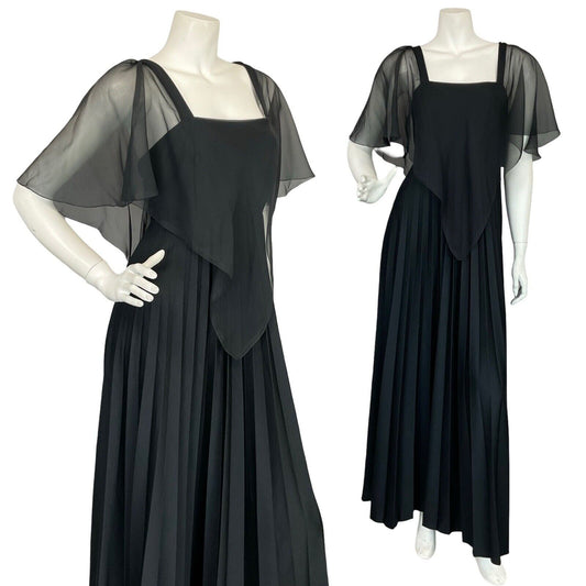 VTG 70S PETERSON MAID OF LONDON BLACK MESH CAPE PLEATED EVENING MAXI DRESS 10