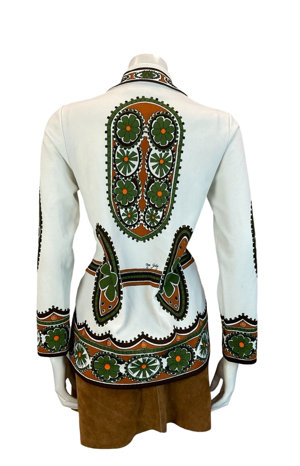 VTG WHITE GREEN BROWN BOHO FOLK FLORAL AZTEC JOHHNY COLLAR SHIRT SIZE 12