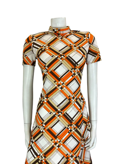 VTG 60S ORANGE WHITE BROWN MOD ROUNDED COLLAR SHORT SLEEVE MIDI DRESS SIZE 10