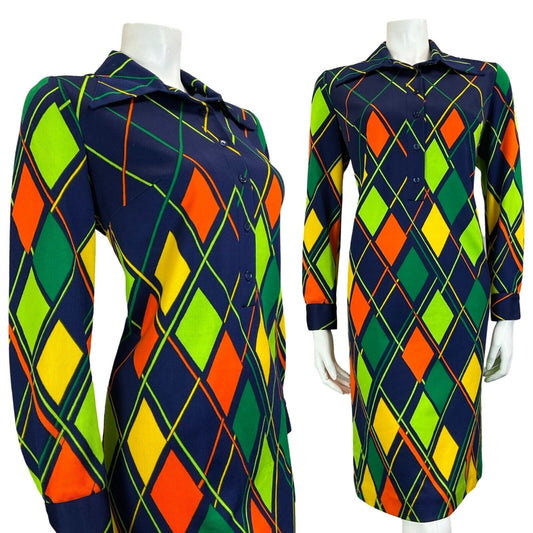 VTG 70S NAVY GREEN ORANGE YELLOW HARLEQUIN LONG SLEEVE SHIRT WING COLLAR DRESS M