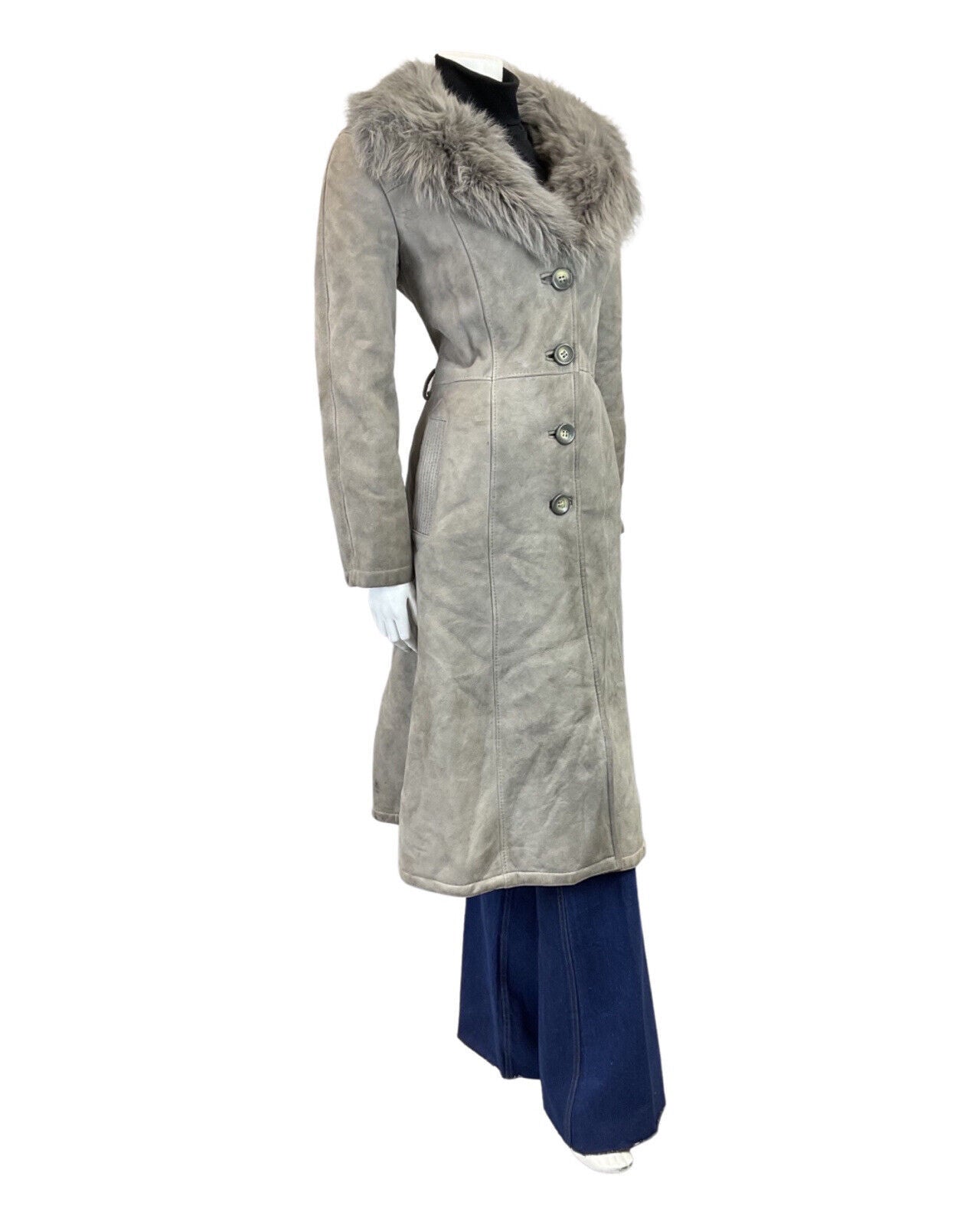 VINTAGE 60s 70s STONE GREY SUEDE LEATHER SHEARLING COLLAR PRINCESS COAT 12 14