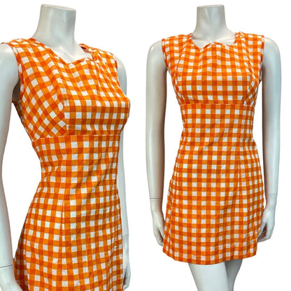 VTG 60S 70S MOD SCOOTER GOGO SUMMER SUN GINGHAM MINI DRESS ORANGE 10 12