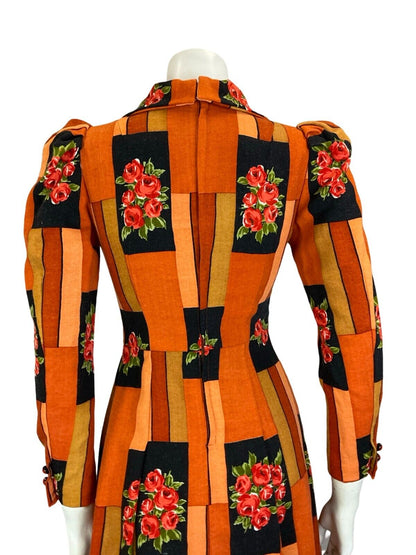 VTG 60S 70S WING COLLAR TIE ORANGE BLACK LONG SLEEVE PLEATED FLORAL MIDI DRESS 4