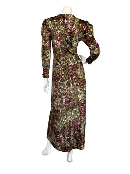 VTG 70S BOHO PRINCESS BROWN PINK DOTTY VELVET MUTTON SLEEVE V NECK MAXI DRESS 6