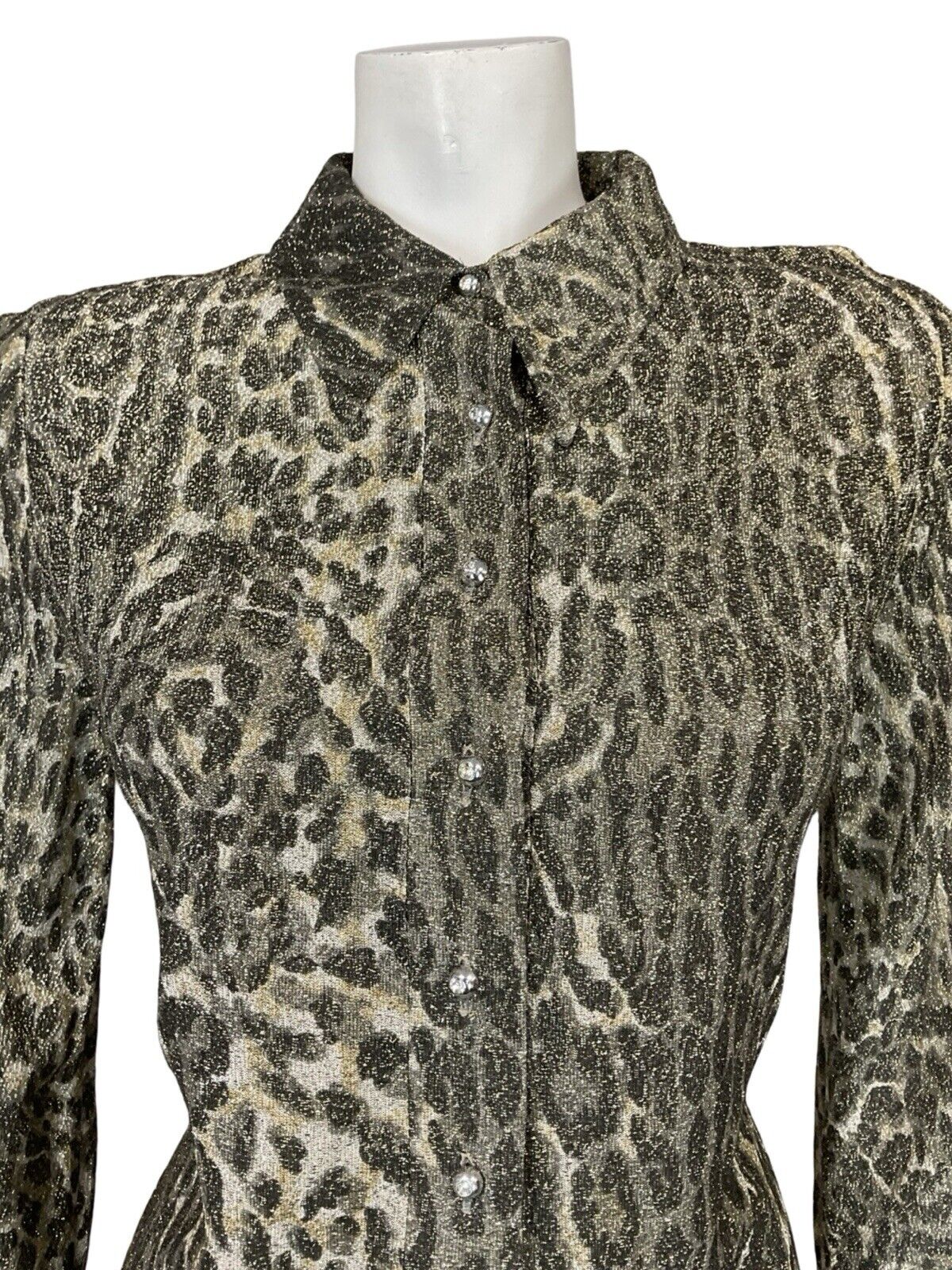 VTG 70S DISCO PARTY LUREX GOLD LEOPARD PRINT LONG SLEEVE MIDI SHIRT DRESS 12