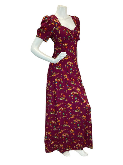 VTG 60S 70S MAGENTA PSYCHEDELIC DAISY NOVELTY PRINT MAXI DRESS 12