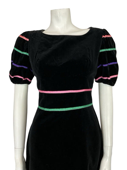 VTG 60S BLACK VELVET PUFF SEEVE PINK GREEN PURPLE RIBBON MINI PARTY DRESS 10