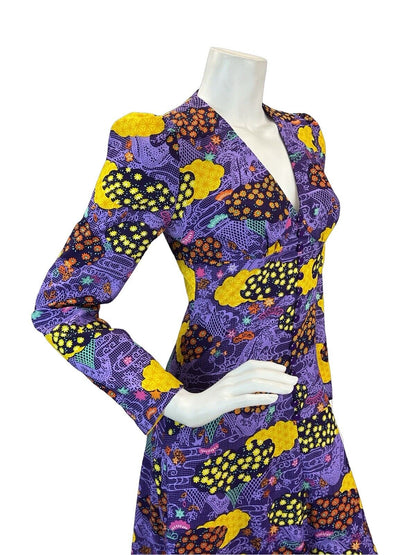 VTG 70S PSYCHEDELIC PURPLE YELLOW BLACK HIPPY GLAM FESTIVAL MAXI DRESS 8 10