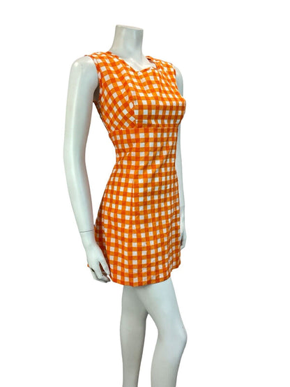 VTG 60S 70S MOD SCOOTER GOGO SUMMER SUN GINGHAM MINI DRESS ORANGE 10 12