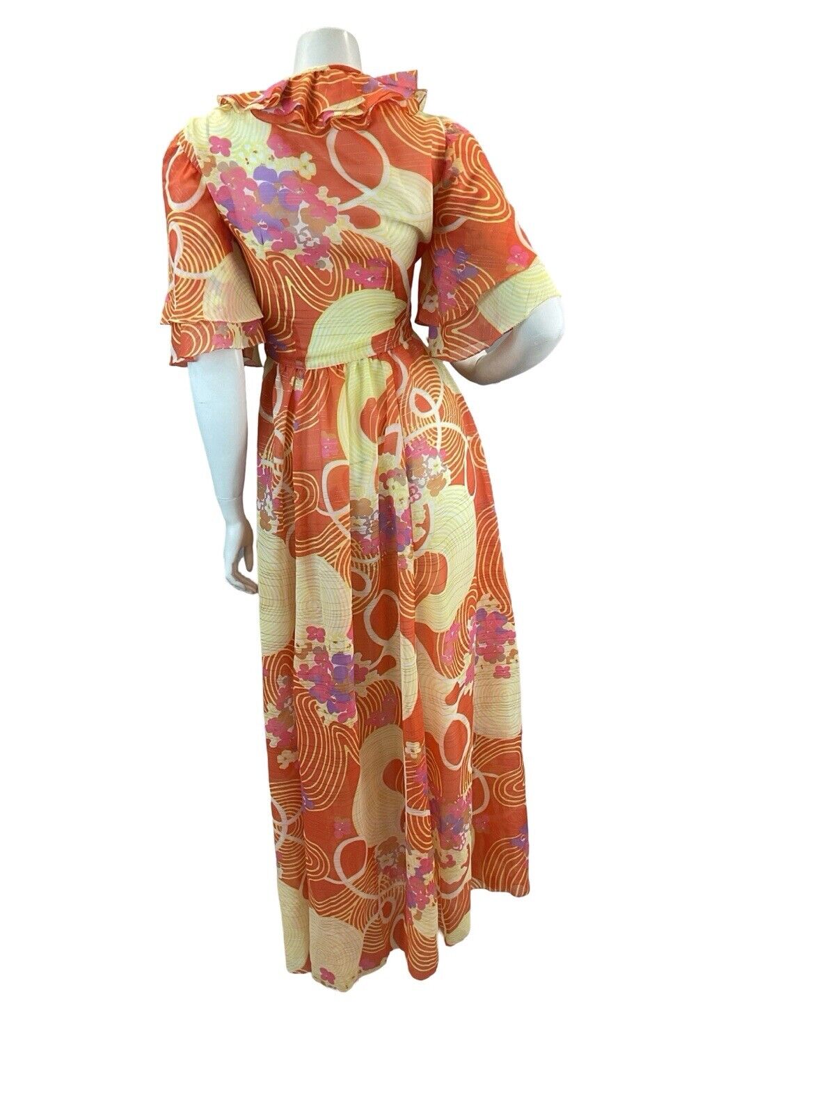 VTG 70s SEMI SHEER ORANGE TRIPPY FLORAL SHIMMER BUTTERFLY SLEEVE MAXI DRESS 8