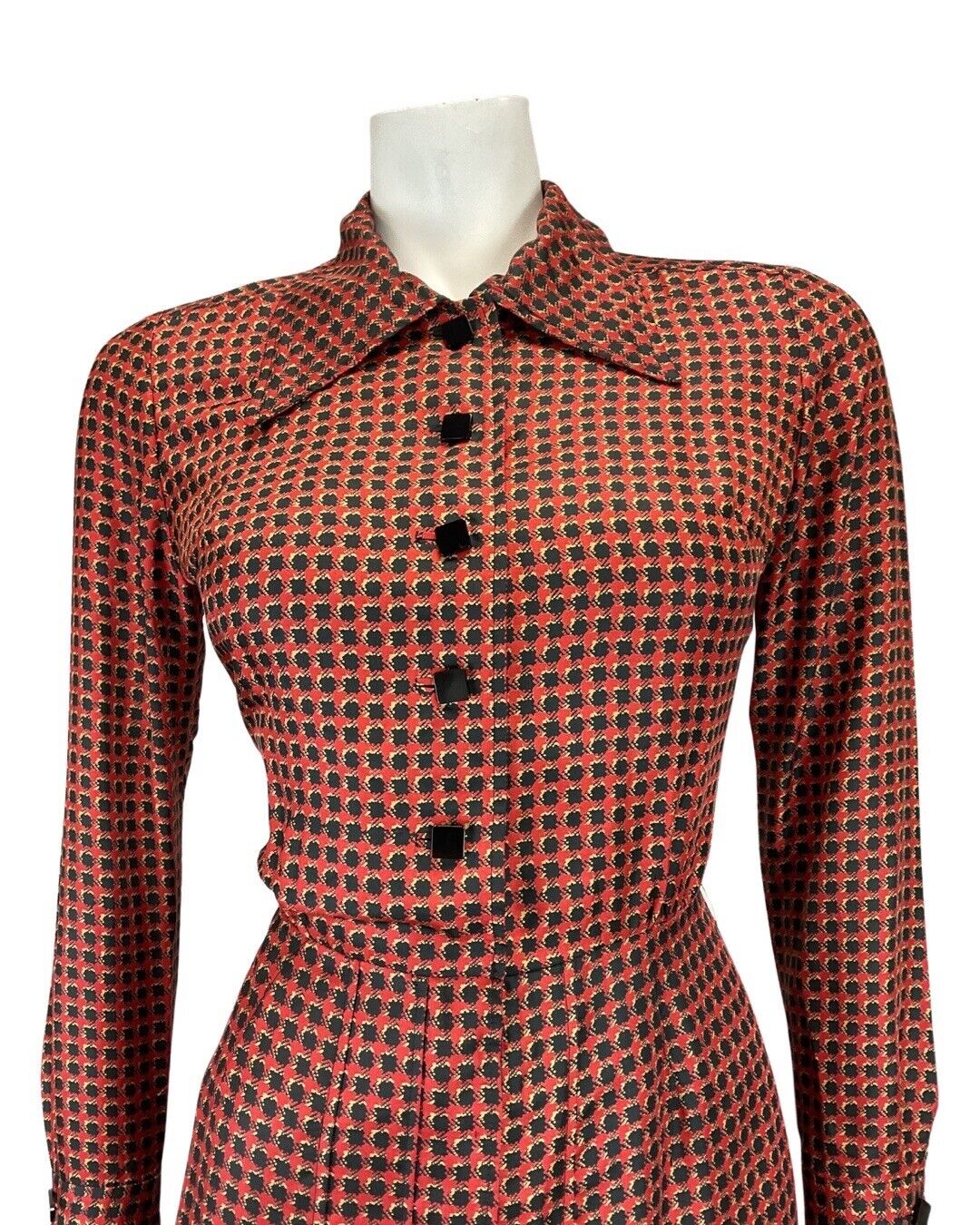 VINTAGE 70s RUBY RED BLUE CHECKED GEOMETRIC NINA RICCI DAGGER SHIRT DRESS 8 10