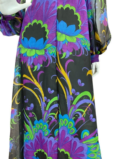 VTG 70S WEDDING PSYCHEDELIC FLORAL PURPLE GREEN BLACK BLUE MAXI DRESS 10 12