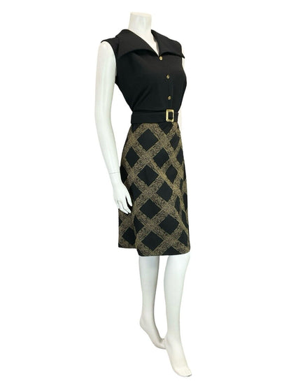 VTG 60S 70S BLACK GOLD CHECKED BELTED WING COLLAR SLEEVELESS SHRT DRESS 14 16