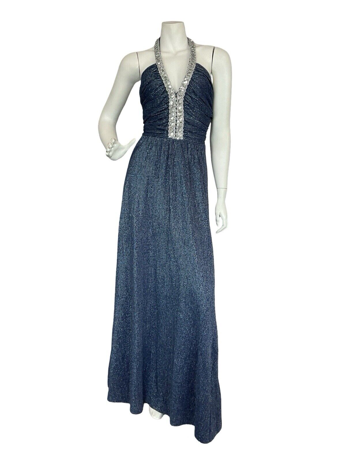 VTG 70S STUDIO 54  BLUE SILVER SEQUIN TRIM STRIPED HALTER NECK MAXI DRESS 8 10 S