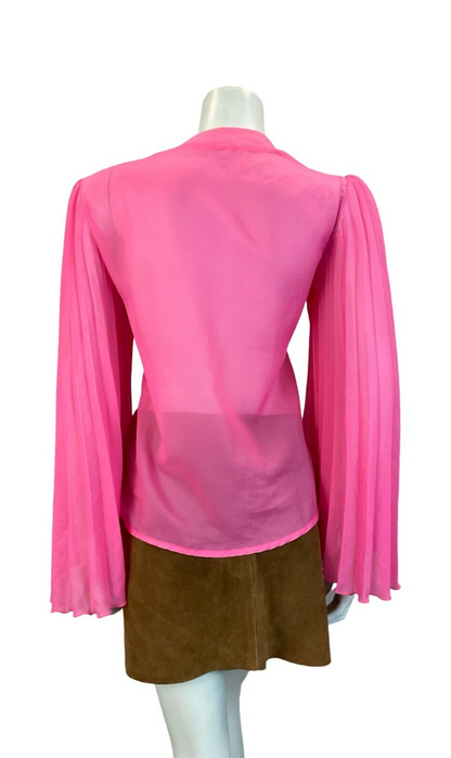 VTG HOT PINK MESH TIE KEYHOLE NECKLINE PLEATED BELL SLEEVE BLOUSE SIZE 14 16