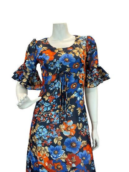 VTG 70S BLUE ORANGE FLORAL BELL SLEEVE EMPIRE MAXI DRESS 8