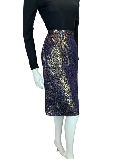 VTG 60S IRIDESCENT PURPLE BLUE GOLD MOD PARTY PSYCHEDELIC PENCIL SKIRT 8 10