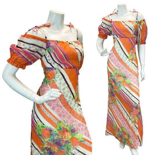 VTG EMPIRE STRIPE FLORAL PSYCHEDELIC MAXI DRESS ORANGE PINK BLUE GREEN YELLOW 8