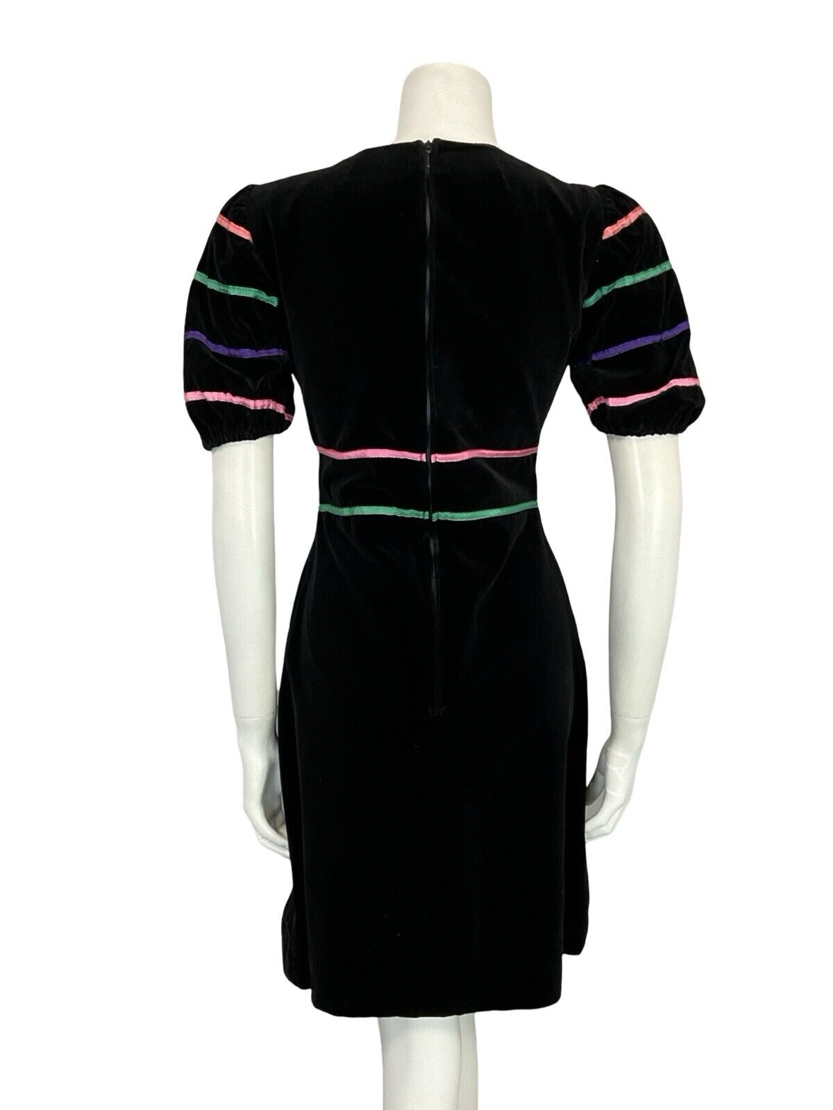 VTG 60S BLACK VELVET PUFF SEEVE PINK GREEN PURPLE RIBBON MINI PARTY DRESS 10