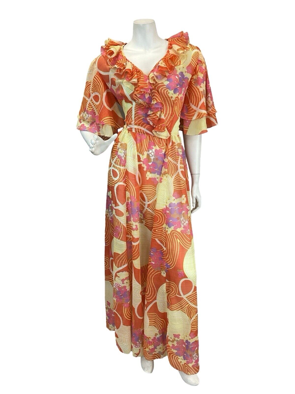 VTG 70s SEMI SHEER ORANGE TRIPPY FLORAL SHIMMER BUTTERFLY SLEEVE MAXI DRESS 8