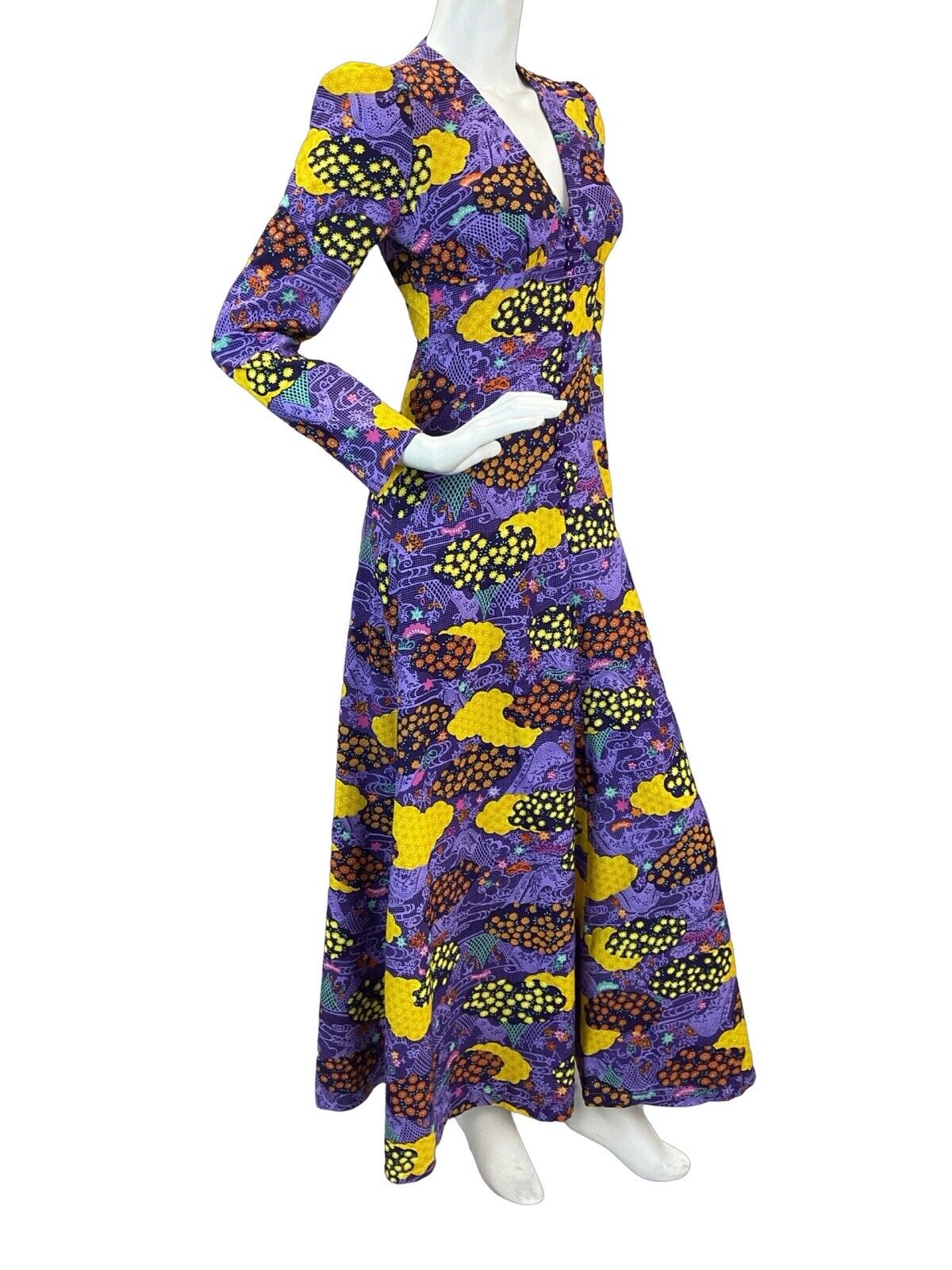 VTG 70S PSYCHEDELIC PURPLE YELLOW BLACK HIPPY GLAM FESTIVAL MAXI DRESS 8 10