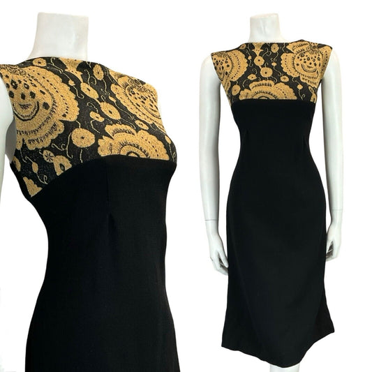 VTG 60S MOD PARTY FORM FITTING BLACK GOLD PSYCHEDELIC FLORAL SLEEVELESS DRESS 14