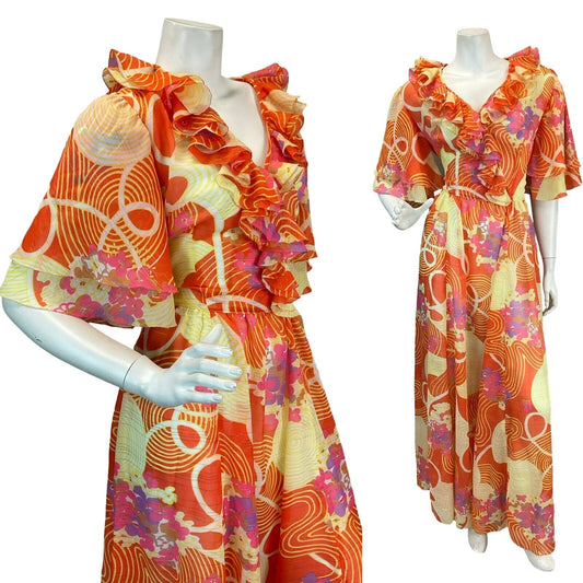 VTG 70s SEMI SHEER ORANGE TRIPPY FLORAL SHIMMER BUTTERFLY SLEEVE MAXI DRESS 8