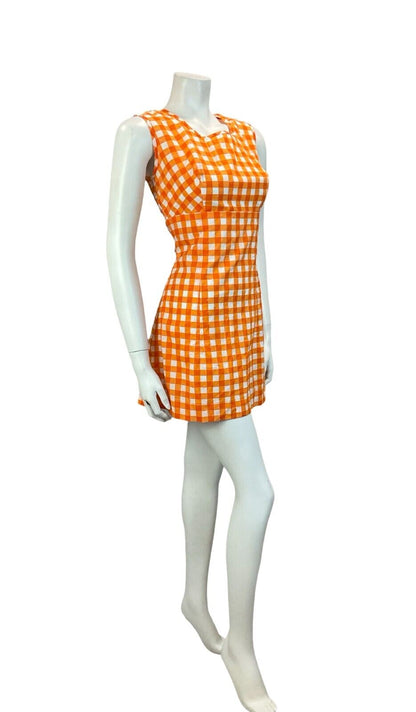 VTG 60S 70S MOD SCOOTER GOGO SUMMER SUN GINGHAM MINI DRESS ORANGE 10 12