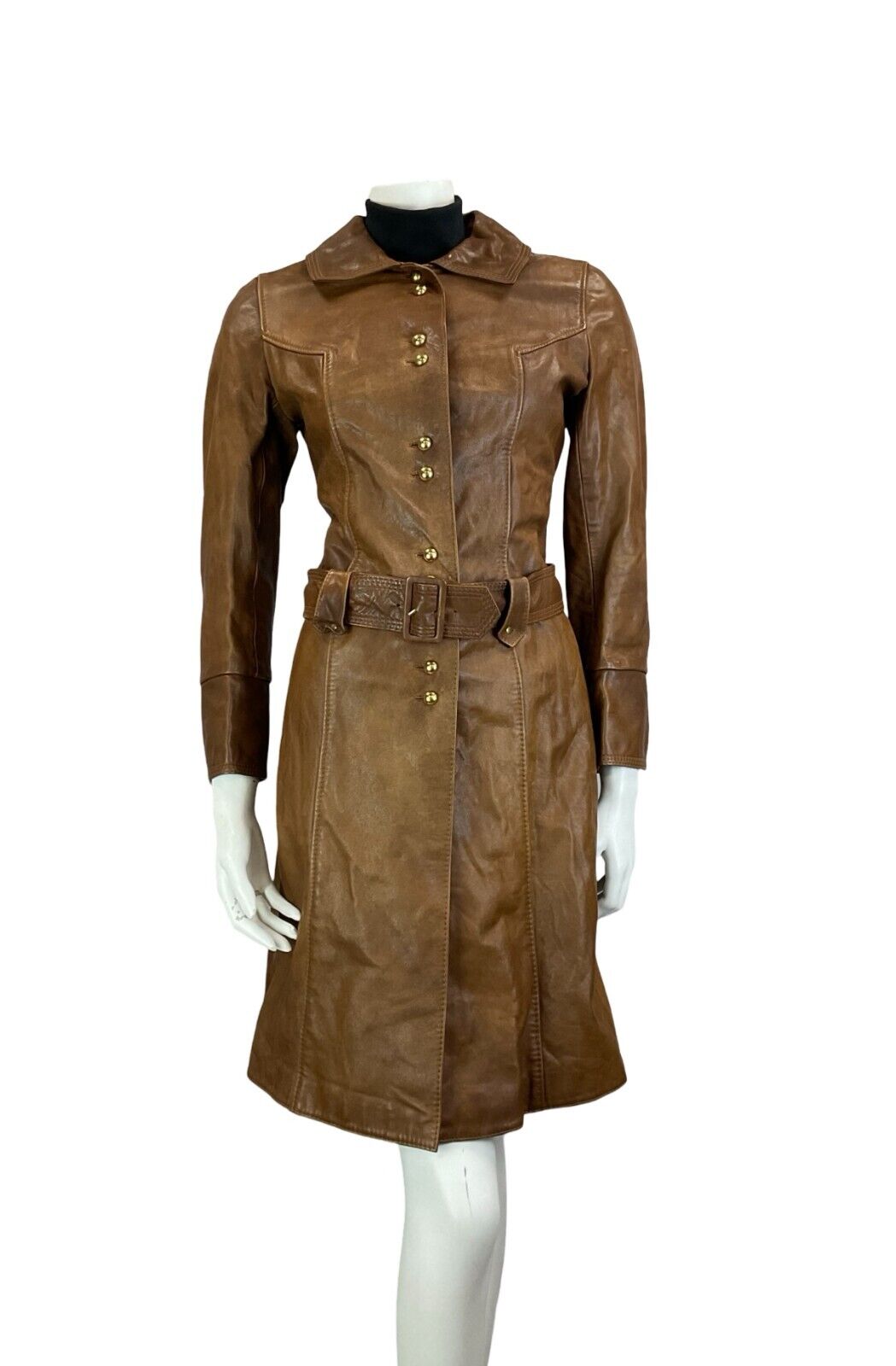 VTG 60S MILITARY TRENCH STYLE BELTED BROWN LEATHER JACKET SIZE 10