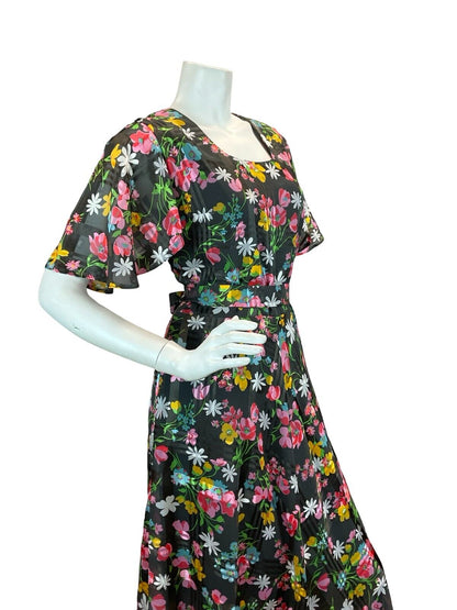 VTG 70S FLORAL DAISY BLACK PINK YELLOW BLUE FLUTTER SLEEVE BELTED MAXI DRESS 12