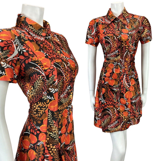 VINTAGE 60s 70s BLACK ORANGE RED FLORAL LEAF PRINT BOHO MOD MINI DRESS 12