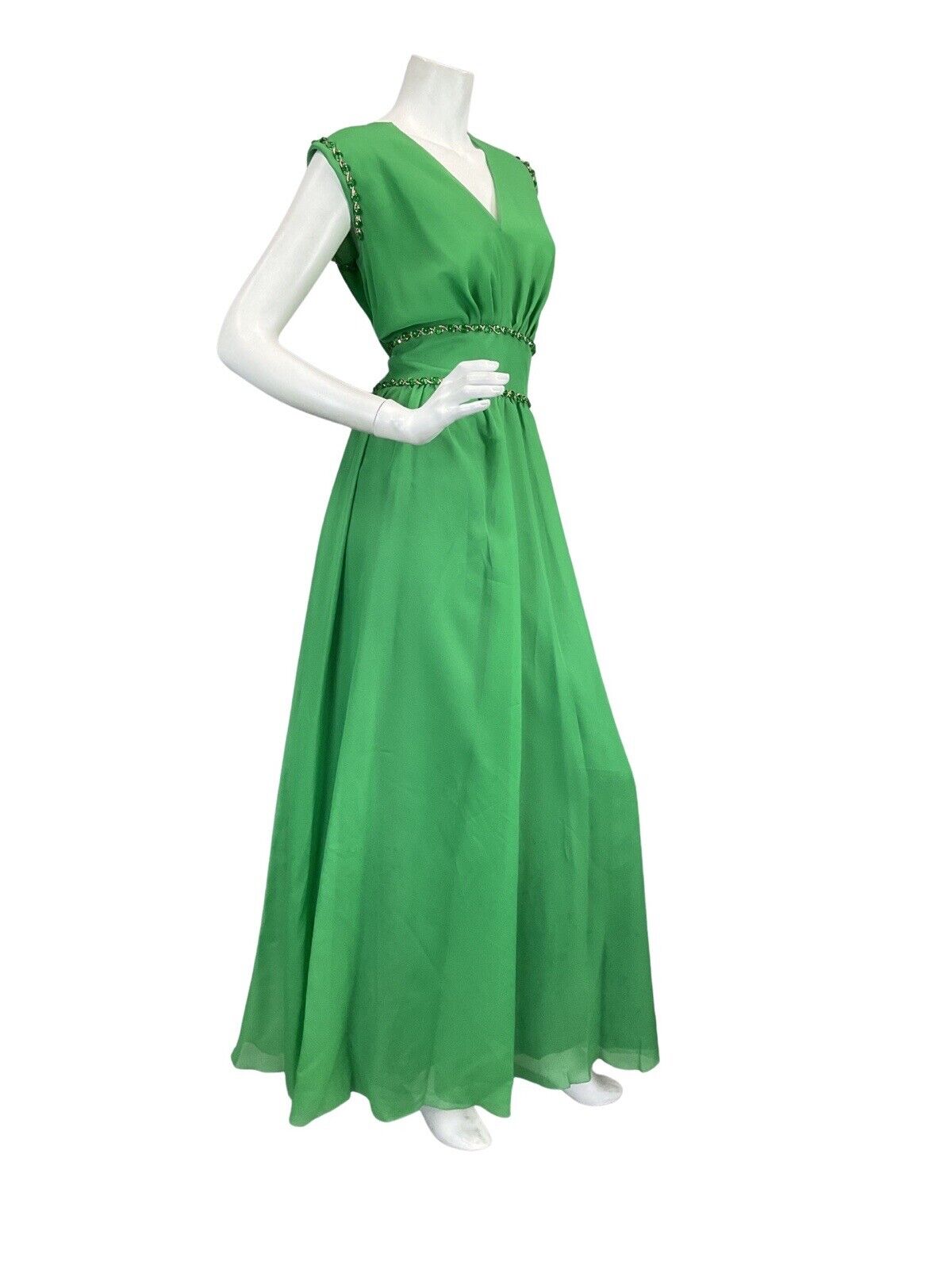 VINTAGE 60s 70s APPLE GREEN BEADED SEQUIN SLEEVELESS GOWN MAXI DRESS 12 14