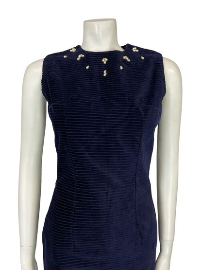 VTG 60S NAVY BLUE CORDUROY PEARL BEAD SLEEVELESS MINI PARTY FORMAL DRESS 8