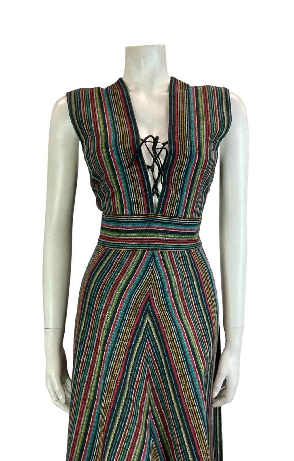 VTG 70S SWEDISH FOLK BLACK BLUE RED GREEN STRIPED TUNIC MIDI LACE UP DRESS 10