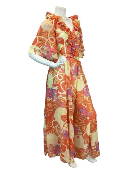 VTG 70s SEMI SHEER ORANGE TRIPPY FLORAL SHIMMER BUTTERFLY SLEEVE MAXI DRESS 8