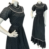 VTG 70S BLACK WHITE GOTHIC PRAIRIE FOLK VELVET LACE MAXI DRESS 6 8