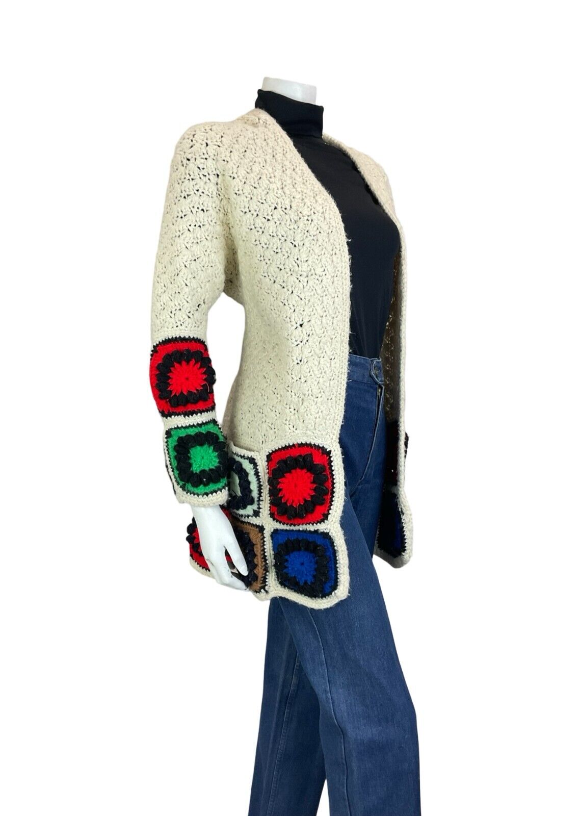 VTG 70S HAND KNIT CROCHET PATCHWORK RED BLUE CREAM NORDIC SCANDI CARDIGAN 10 12