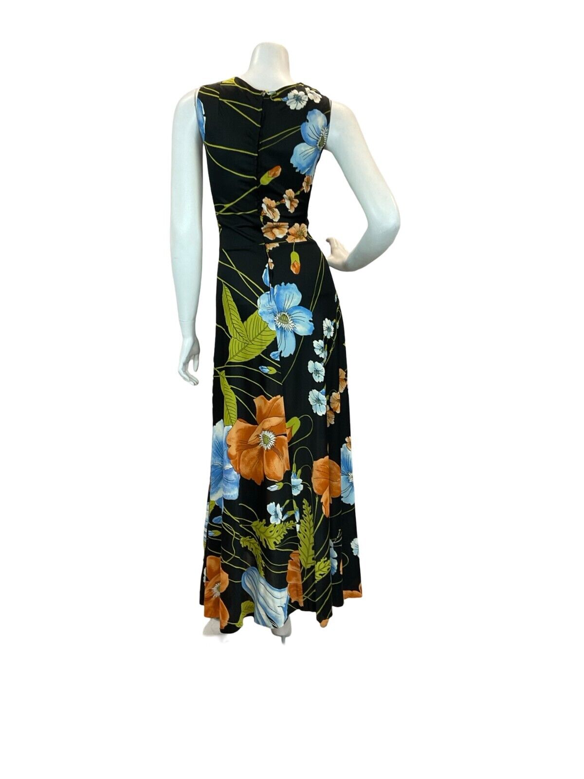 VTG 70S GLAM FLORAL SHIFT MAXI DRESS BLACK ORANGE BLUE GREEN 6