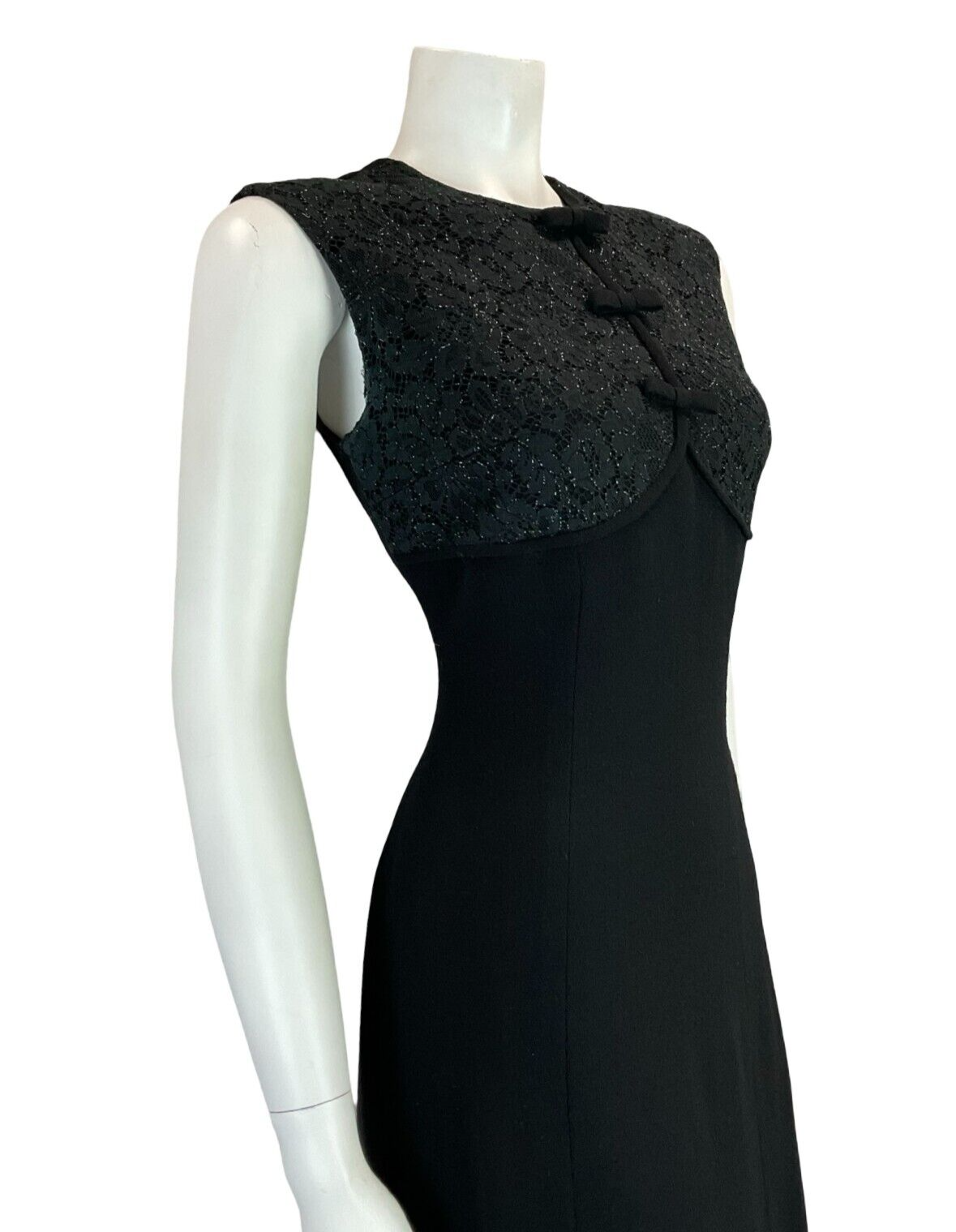 VTG 60S MOD TAILORED DAINTY GLITTERY LACE BOW SLEEVELESS BLACK PARTY DRESS 10