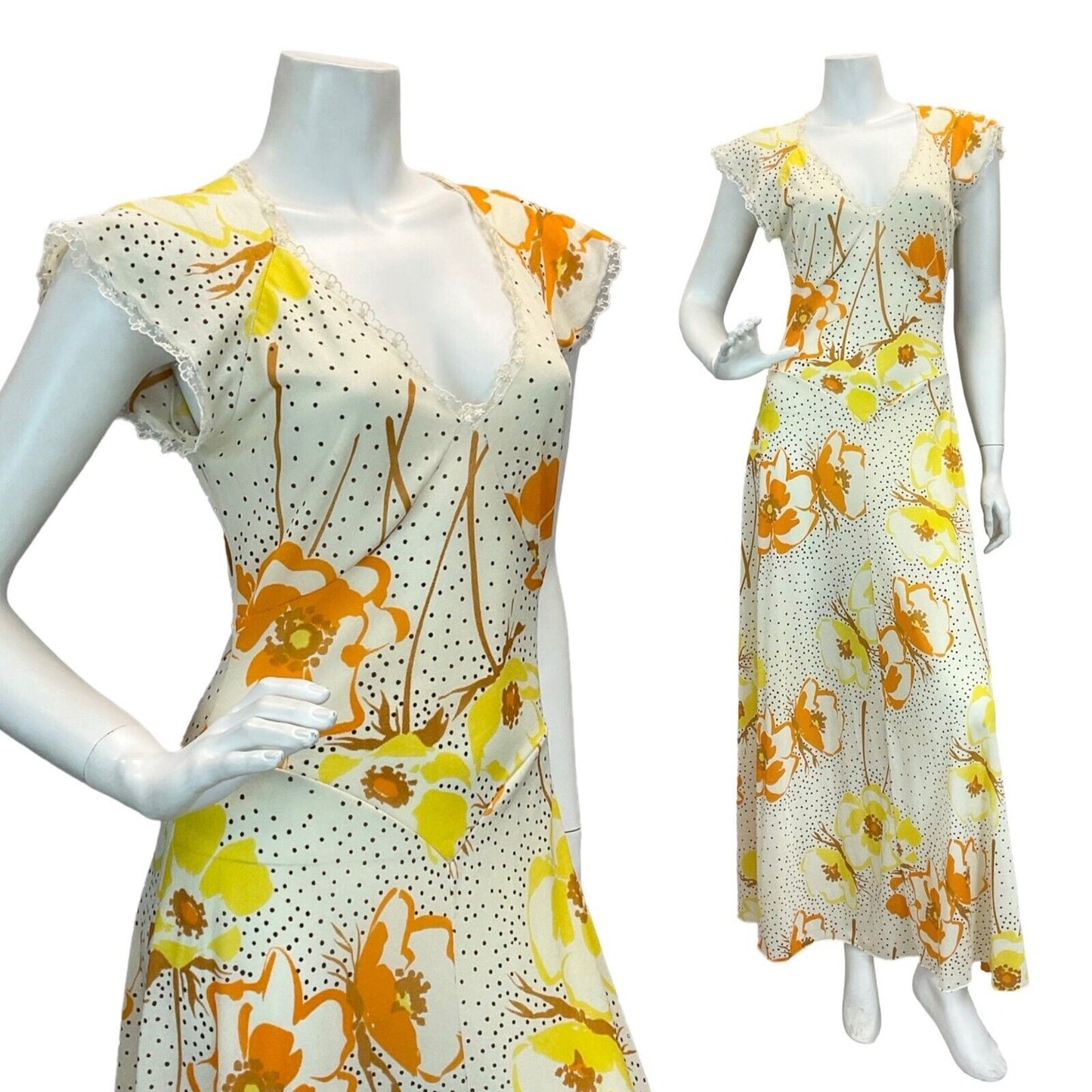 VTG 70S CREAM ORANGE YELLOW FLORAL SUMMER SUN SHEER MAXI DRESS 8 10