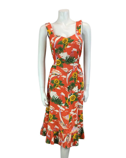 VINTAGE 60s 70s ORANGE YELLOW WHITE GREEN FLORAL PRINT FRILLY MIDI DRESS 12 14