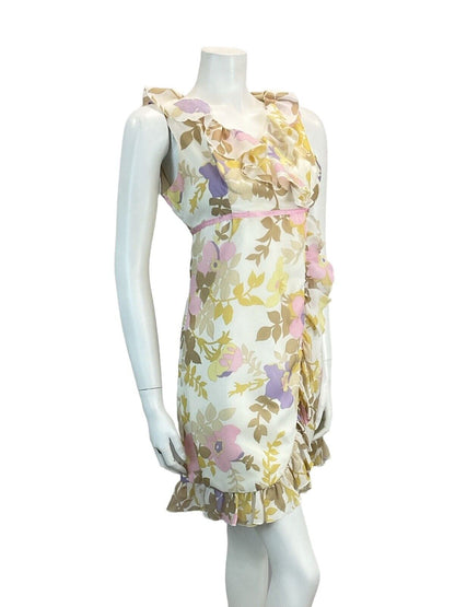 VTG 60S EMPIRE FAUX FLORAL WRAP MINI DRESS 10 12