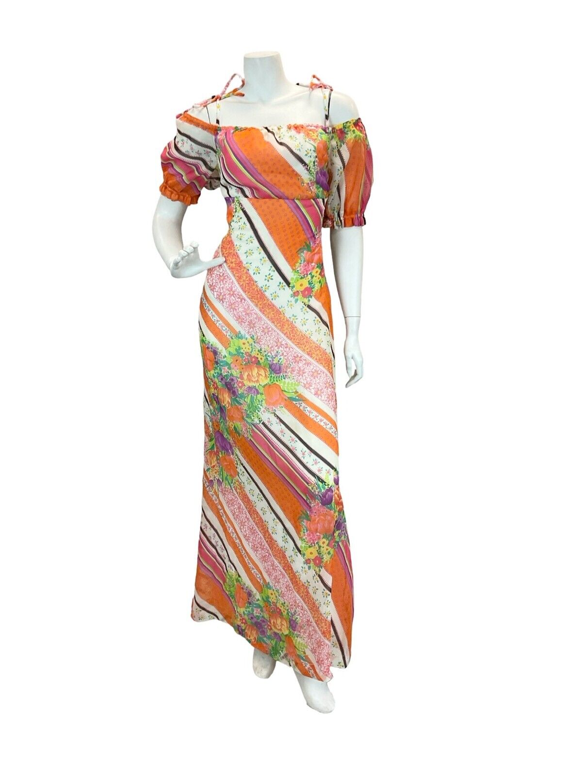 VTG EMPIRE STRIPE FLORAL PSYCHEDELIC MAXI DRESS ORANGE PINK BLUE GREEN YELLOW 8