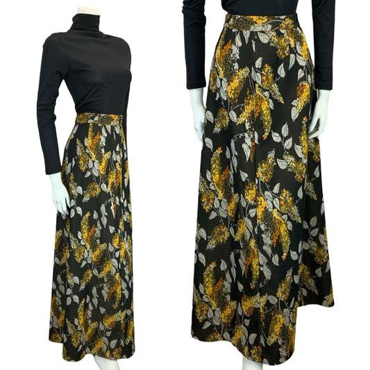 VTG 70S BLACK SILVER YELLOW FOLIAGE BOHO HIPPY FLORAL GLITTERY MAXI SKIRT 10