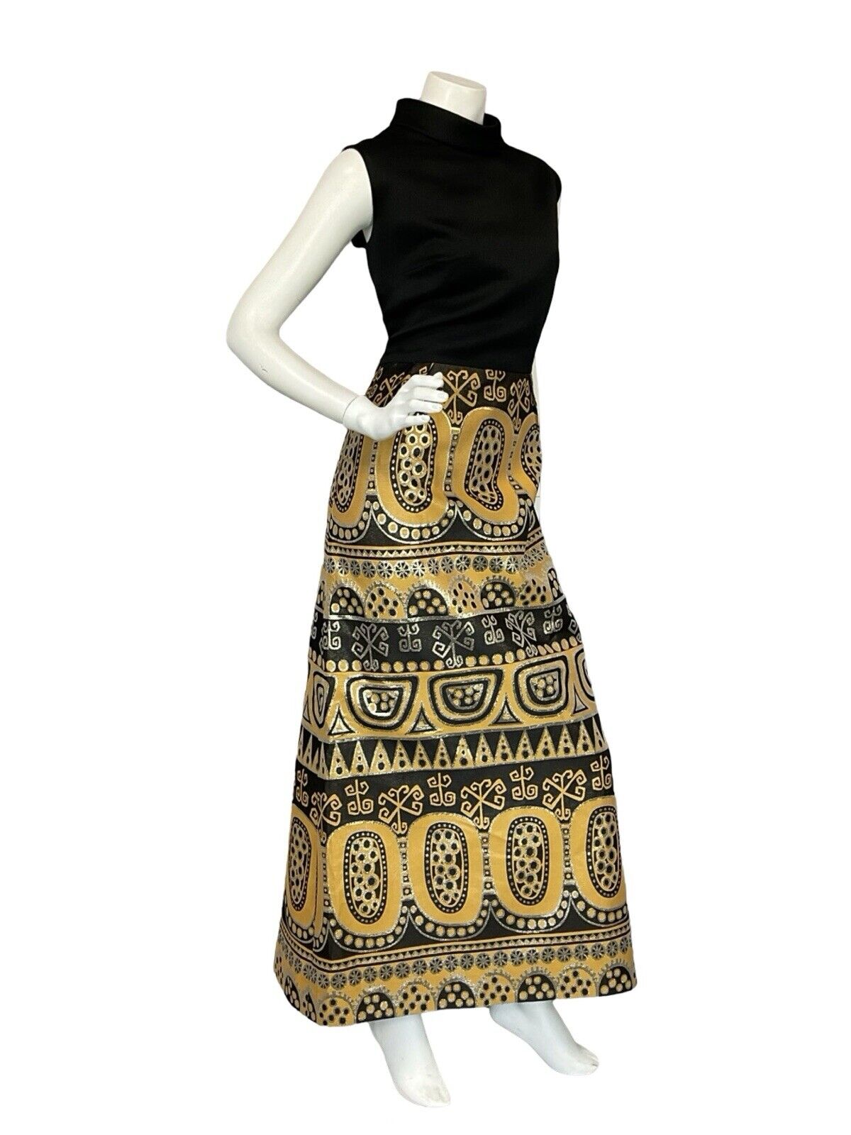 VTG 60S 70S AZTEC HIPPY BLACK GOLD YELLOW METALLIC SLEEVELESS MAXI DRESS 14