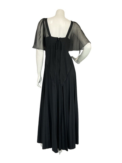 VTG 70S PETERSON MAID OF LONDON BLACK MESH CAPE PLEATED EVENING MAXI DRESS 10