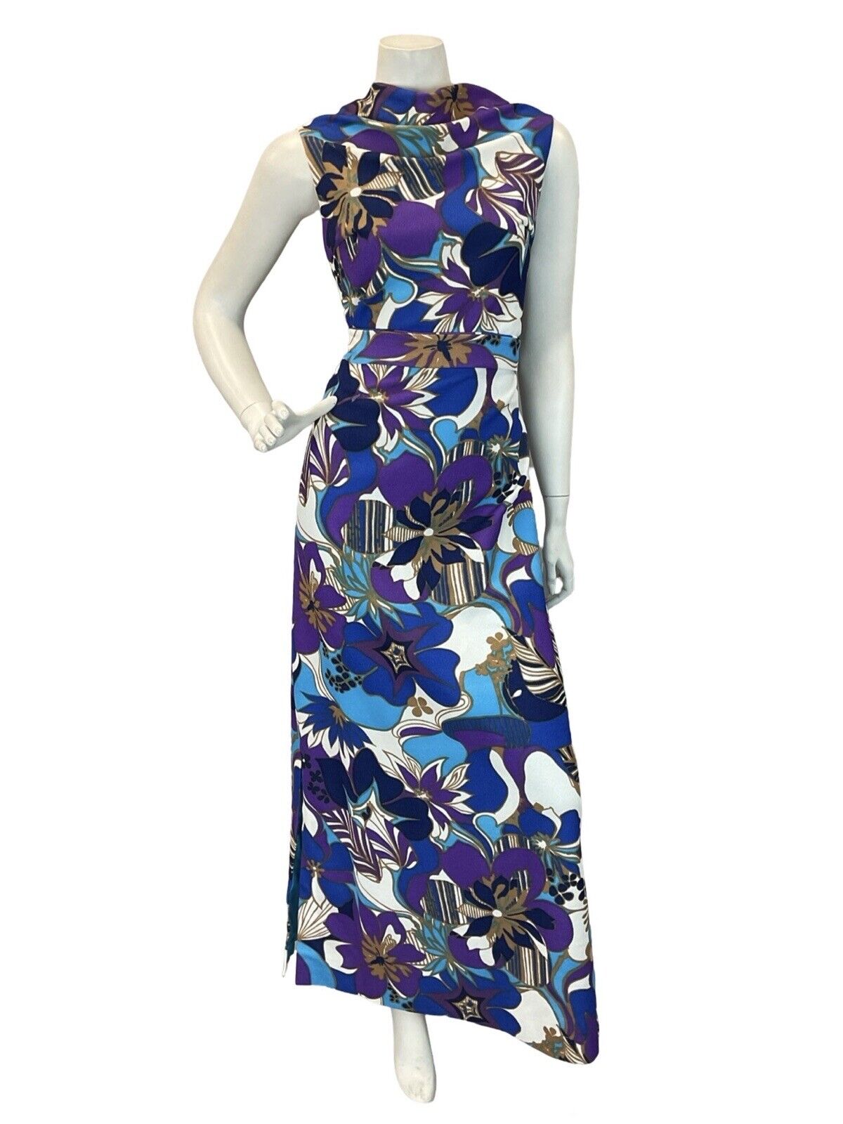 VTG 60S 70S PSYCHEDELIC BLUE PURPLE WHITE FLORAL PARTY MAXI DRESS 8 10