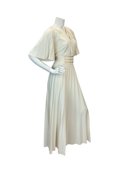 VTG 70s CREAM BOHO WEDDING BRIDAL ANGEL SLEEVE PLEATED MAXI DRESS 14 16