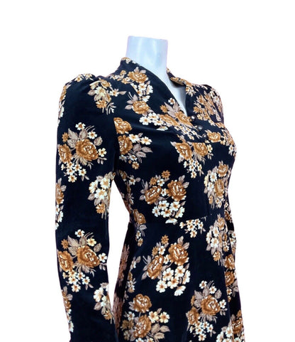VINTAGE 60s 70s BLACK ORANGE BEIGE FLORAL ROSE BOUQUET VELVET SKATER DRESS 8